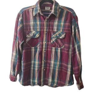 Five Brother Vtg Maroon Teal‎ Plaid Flannel Button Up Men’s Large Made In USA